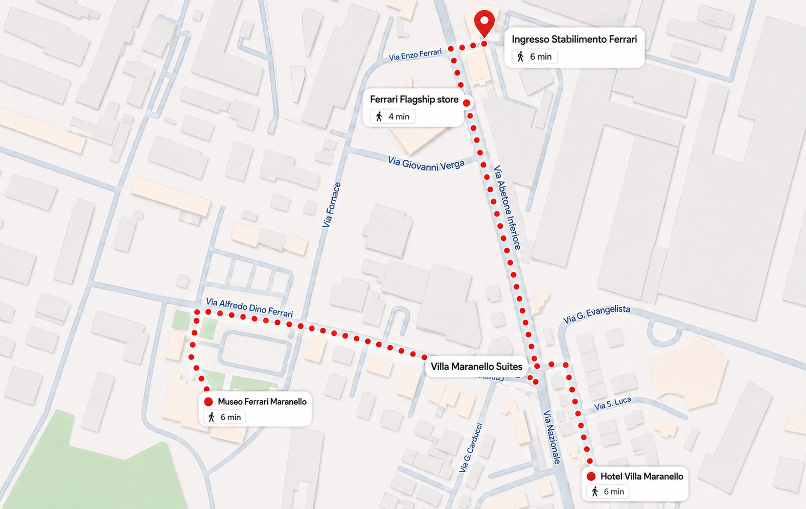 Mappa aerea con Hotel Villa Maranello, Villa Maranello Suites, Ferrari Store e ingresso stabilimento Ferrari