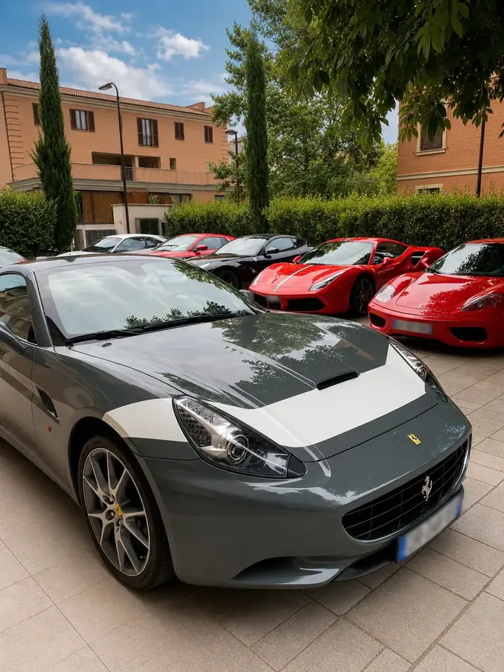 Ferrari parcheggiate nel cortile di Hotel Villa Maranello
